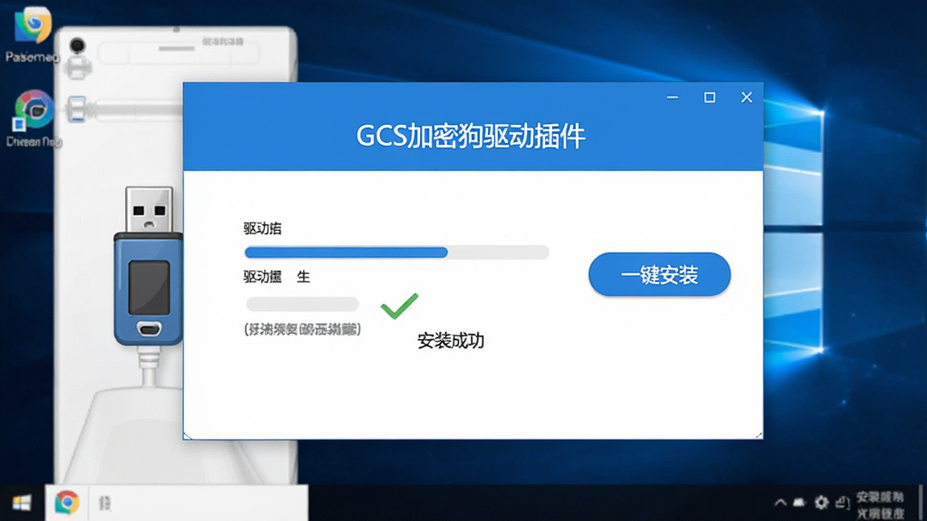 ��������չʾһ����ɫ���ġ�GCS���ܹ������������װ���棬����Ϊ���ĵ������棬�����USB���ܹ��豸ͼ�꣬�Ҳ���ʾ��һ����װ����ť���������ƽ������ɫ������Ϊ�����ɾ�������ϸ�ڰ��������������롰��װ�ɹ��������������������޶���Ԫ��