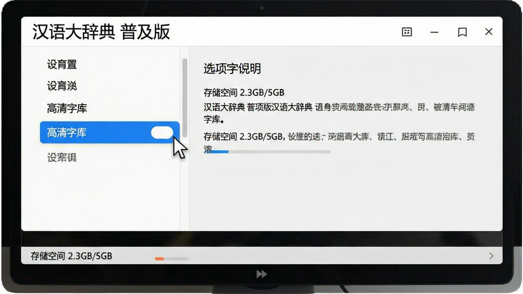 ���壺������Ļ��ʾ�������ǵ� �ռ��桱�����ý��棬�����������ֿ⡱ѡ����֣����ò˵�����࣬�Ҳ�Ϊѡ��˵�����Ű棺���ֱ�ۣ���������Լ��ϸ�ڣ����ָ��ָ�򡰸����ֿ⡱���أ���Ļ�·��С��洢�ռ� 2.3GB/5GB�����������ʣ����壬�ɾ����޶���Ԫ��