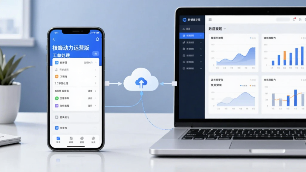 画面主体为智能手机与笔记本电脑并排摆放,手机屏幕显示“核蜂动力运营版”的工单处理界面,电脑屏幕显示数据报表图表,两者通过云同步连接。布局为左右对称,手机在左侧,电脑在右侧,背景为简洁的办公桌面。风格为现代科技感插画,色调以蓝白为主,细节丰富,画质干净清晰。
