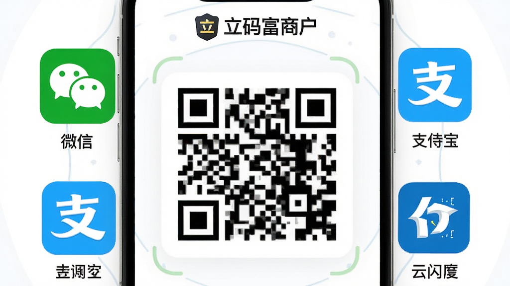 主体:立码富商户APP的聚合收款界面;布局:手机屏幕显示多个支付方式图标(微信、支付宝、云闪付)围绕一个主二维码;排版:图标均匀排列,二维码居中放大;风格:扁平化UI设计,色彩鲜艳;细节:屏幕上方有“立码富商户”品牌标识,每个图标下方标注支付方式名称;画质:高清,干净,无多余元素