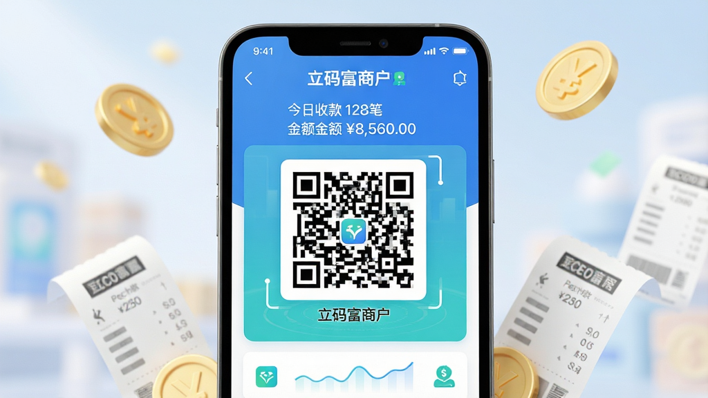 主体:立码富商户APP在手机屏幕上展示收款二维码和交易数据图表;布局:手机居中,屏幕内容清晰可见,周围有金币和收银小票点缀;排版:主体突出,背景虚化;风格:写实3D渲染,明亮通透;细节:二维码上印有“立码富商户”字样,屏幕显示“今日收款 128笔 金额 8,560.00”;画质:超清,干净,无多余元素