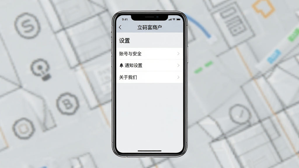 主体:立码富商户APP在手机上显示“设置”页面;布局:手机竖屏,屏幕显示菜单列表,背景为浅灰色;排版:界面简洁,文字清晰;风格:扁平化UI,现代感;细节:屏幕上有“账号与安全”、“通知设置”、“关于我们”等选项,顶部有“立码富商户”字样;画质:高清,干净,无多余元素