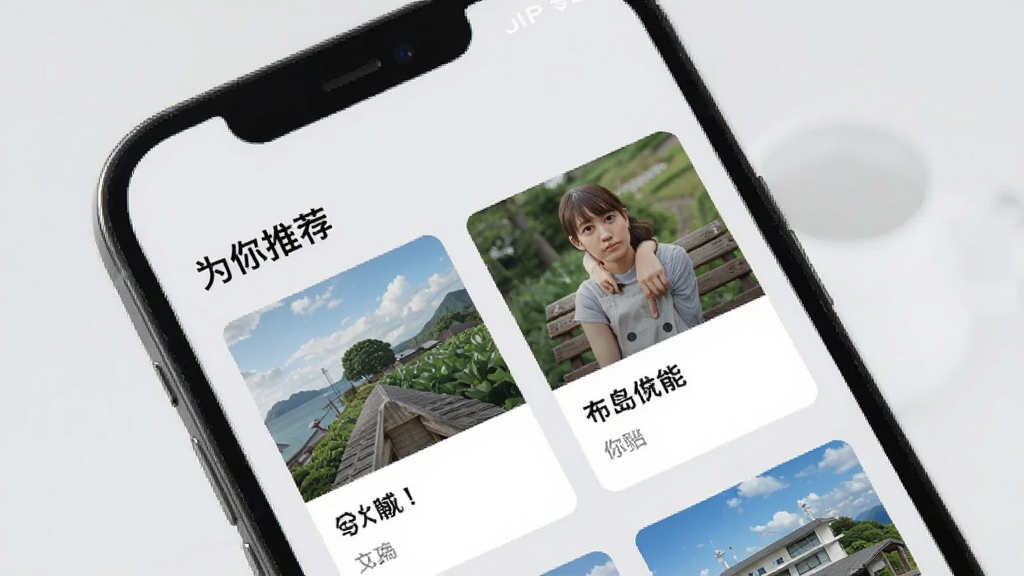 ���������Ƽ�ҳ�棬�ֻ���Ļչʾ���Ի����ݿ�Ƭ���С�Ϊ���Ƽ�����������Ƭ����ͼƬ�ͱ��⣬����Ϊǳ��ɫ���������룬����Լ�����ʸ��壬�޶���Ԫ��