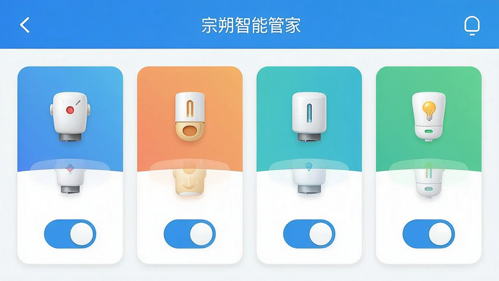 һ��չʾ��˷���ܹܼ�App���豸�������Ľ����ͼ���ͼ����������ʾ��������豸ͼ�꣬ÿ��ͼ���·��п��ذ�ť�����������ÿ�Ƭʽ���֣�ɫ�����£�ͼ�꾫�£������������ɾ��޶���Ԫ��