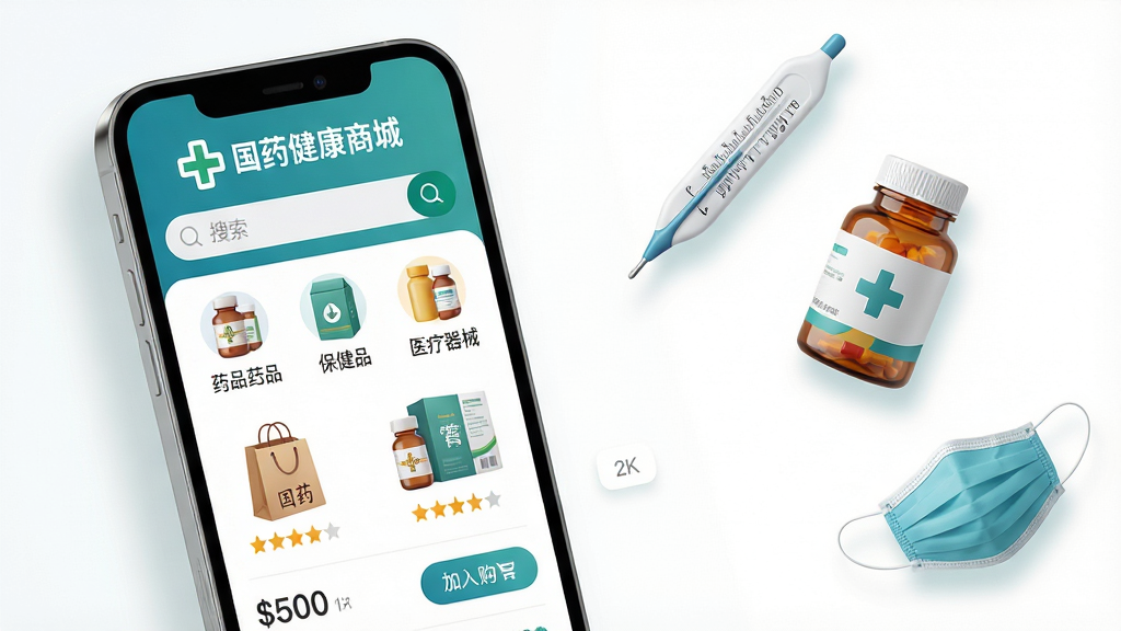 ���壺һ�������ֻ���Ļչʾ��ҩ�����̳�App�����棬���涥������ɫʮ�ֱ�ʶ�͡���ҩ�����̳ǡ��������·���������ҩƷ������Ʒ��ҽ����е�ȷ���ͼ�꣬�Ա��й������ҩƷ��װ�С����֣��ֻ�����ƫ���Ҳ����״��������¶ȼơ�ά����ƿ�����ֵȽ�����ƷԪ�أ�����ʶԽ��߹�ͼ���Ű棺������Ϣ�㼶�������������������򡢹���ͼ�������ȷ���Ҳ��ƷԪ�ش������¡�����ִ���ƽ����ƽ����΢�����ʸУ���ɫ��Ϊ���µ�����ɫ�����԰�ɫ���������������ɾ���ϸ�ڣ���Ļ�ڲ���ʾ�۸��ǩ���������ǡ����빺�ﳵ��ť��UIϸ�ڣ�ҩƷ��װ���С���ҩ��С�֣�������ͣ�����΢��Ӱ�����ʣ�8K��������Ⱦ��ϸ�ڷḻ��ɫ��׼ȷ���ɾ��޶���Ԫ�ء�