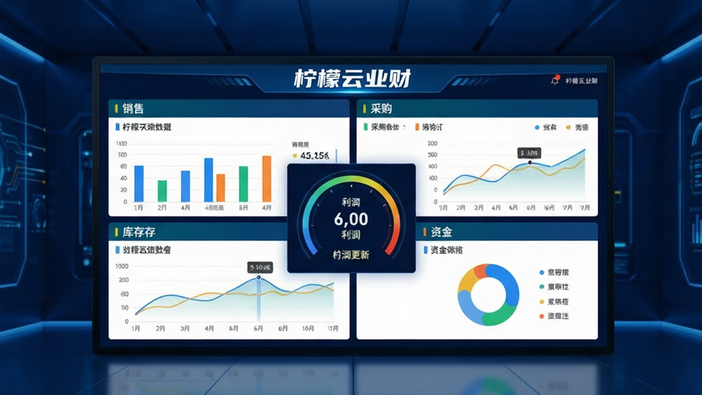 ���壺������ҵ�Ƶ�ҵ��һ�廯���ݼ�ʻ�ս��棬����չʾ����Ļ�ϵ����ۡ��ɹ�����桢�ʽ��ĸ�ģ������ݿ��塣���֣��ĸ�ģ������ָ����У�������ʵʱ���µ������Ǳ��̡��Ű棺����ͼ���ò�ͬ��ɫ���֣�����״ͼ������ͼ�ͻ���ͼ������������ܡ�����չʾ��ɫ��������ϸ�ڣ���Ļ������ʾ��������ҵ�ơ�����������Ϊ����ɫ�Ƽ��з��䡣���ʣ������壬�ɾ����޶���Ԫ�ء�