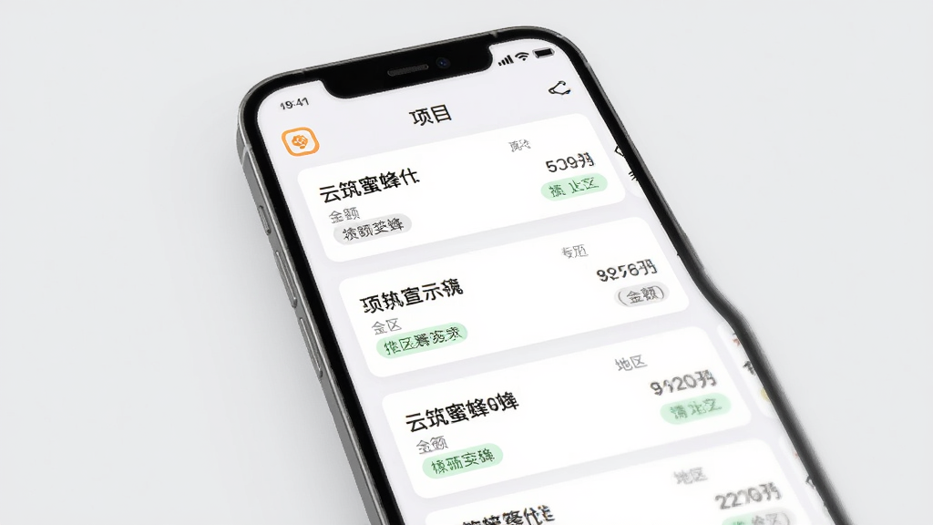 ͼƬչʾ�����۷�APP����Ŀ��Ϣ���͹��ܣ�����Ϊ�ֻ���Ļ�е���Ŀ�б����棬ÿ����Ŀ��ʾ���ơ���������ǩ��������ÿ�Ƭʽ���֣�����Ϊǳ��ɫ����������죬ϸ�����������ʸ��壬�ɾ��޶���Ԫ��