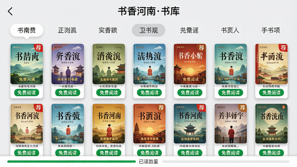 ���壺�������APP�ĵ��������棬չʾ����ͼ����档���֣����ʽ���У�ÿ���屾�飬����ɫ�ʷḻ�������з����ǩ�����Ű棺�����Сͳһ�����������ɼ����ײ��С�����Ķ�����ɫ��ǩ��������������UI��ƣ�����Ϊǳ��ɫ��ÿ������ϸ΢��Ӱ��ϸ�ڣ������鼮�����С������ֽǱ꣬��ܵײ��н�������ʾ�Ѷ����������ʣ�������Ⱦ������ɾ����޶���Ԫ�ء����֣���Ļ������ʾ�����������⡱������