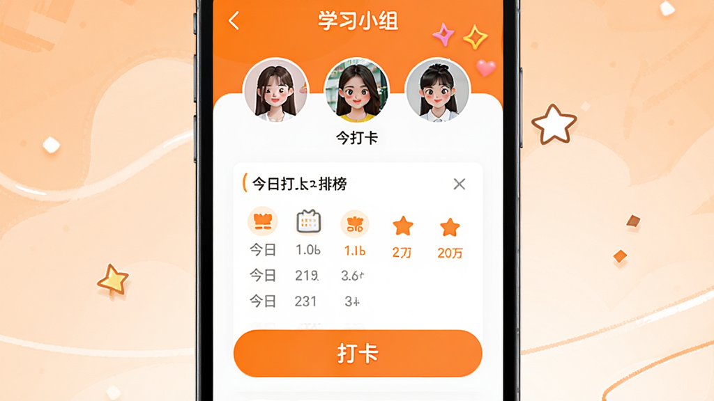 ��������APP��Ӵ򿨽��棬��ʾѧϰС��ͷ�񡢽��մ����������а񣬵ײ��С��򿨡���ť������Ϊ������ɫ�������ã����ʸɾ����޶���Ԫ��