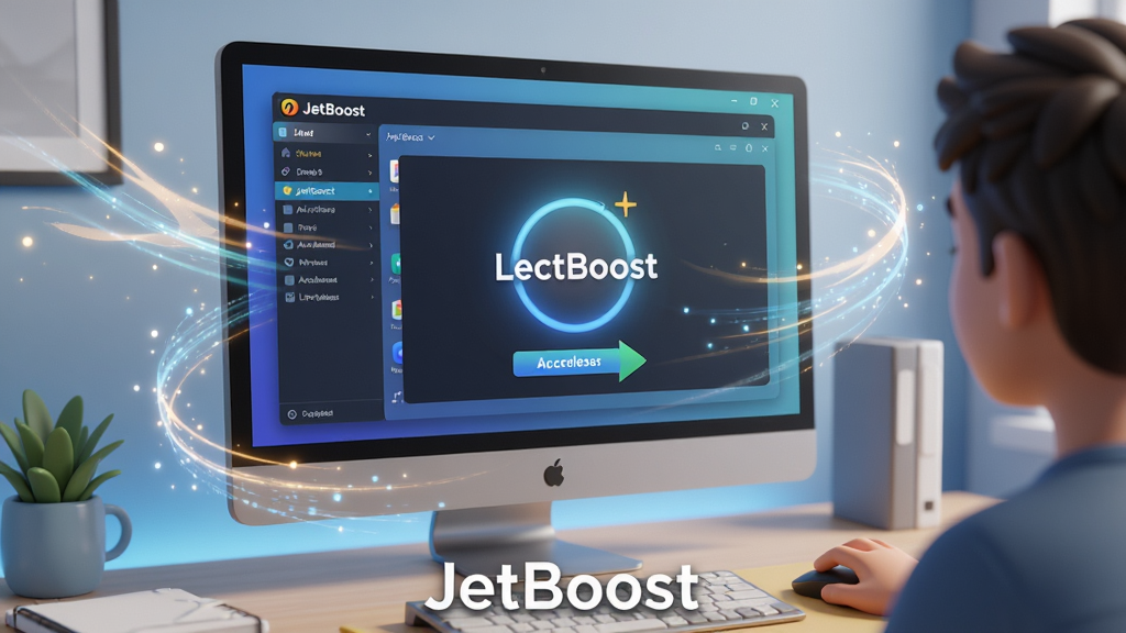һ���û�ʹ��JetBoost��ʵ��ʾ��ͼ��չʾ������Ļ�ϵ�JetBoost�����棬����ִ��һ�����ٲ�������Ļ��Χ�ж�̬�Ĺ�Ч����������Ϊ����İ칫������������ɫ�����������ʸ��壬�޶���Ԫ�أ�ͼƬ�ײ����С�JetBoost������