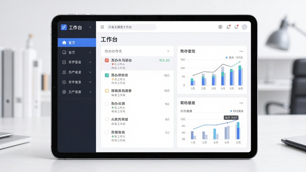 苏星云服务工作台界面,主体为平板电脑展示个性化工作台布局,布局采用左右分栏设计,左侧导航右侧内容,排版规整,风格清爽商务,细节展示待办列表与图表组件,文字标签显示
