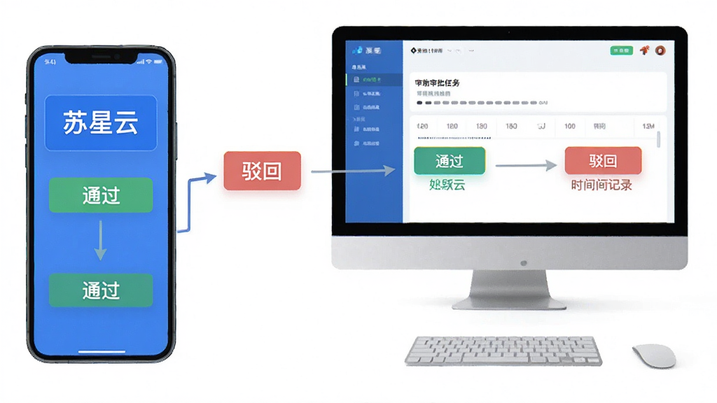 苏星云服务审批功能示意图,主体为手机与电脑协同处理审批任务场景,布局采用流程图形式展示审批节点,排版清晰,风格扁平化,细节包含通过、驳回按钮与时间线记录,画质干净,无多余元素