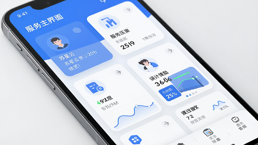 苏星云服务主界面预览图,主体为智能手机展示软件主屏幕,布局采用卡片式功能模块排列,排版整洁有序,风格现代简约,以蓝色和白色为主色调,细节包含清晰的功能图标与数据看板,画质高清干净,无多余元素