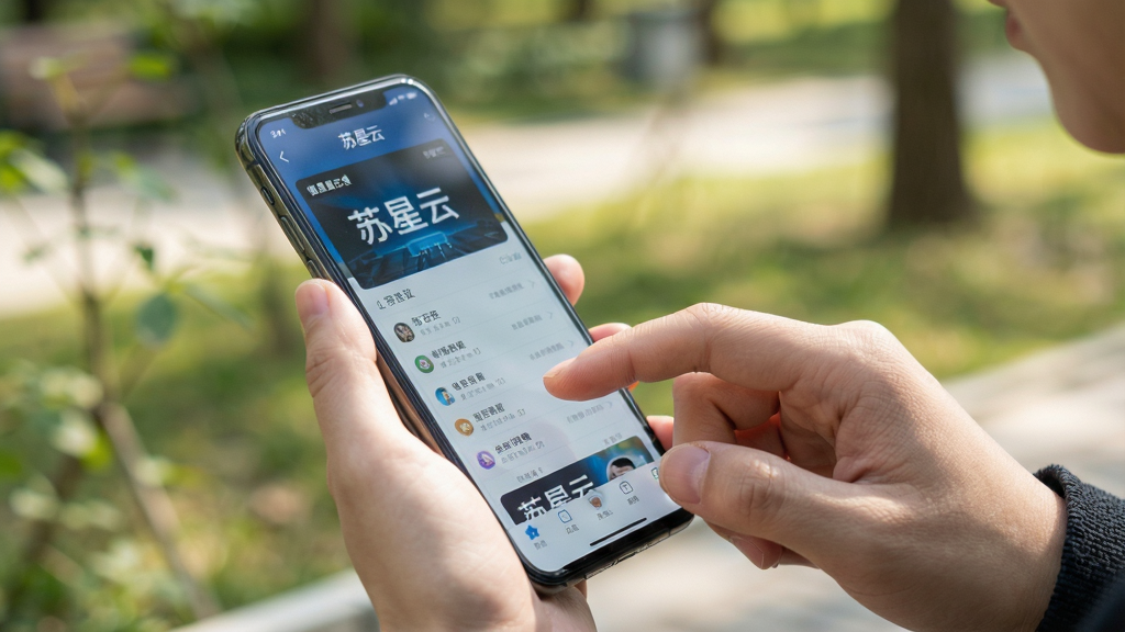 苏星云服务移动端使用场景图,主体为人在户外使用手机操作软件,布局采用特写镜头,排版自然,风格写实,细节显示手机屏幕内容与手指点击动作,画质清晰,无多余元素
