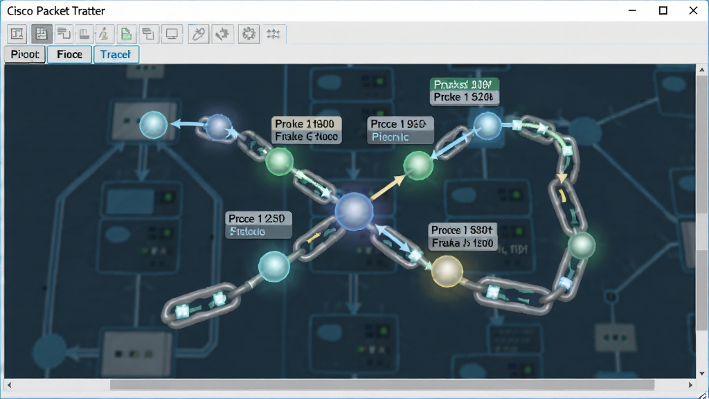 ����ΪCisco Packet Tracerģ��ģʽ�����ݰ������Ķ������棬���ݰ��Է���С����ʽ����·�ƶ�������Ϊ����ͼ������ͻ�����ݰ�·������������죬ϸ����ʾЭ�����ͱ�ǩ�����������������޶���Ԫ��