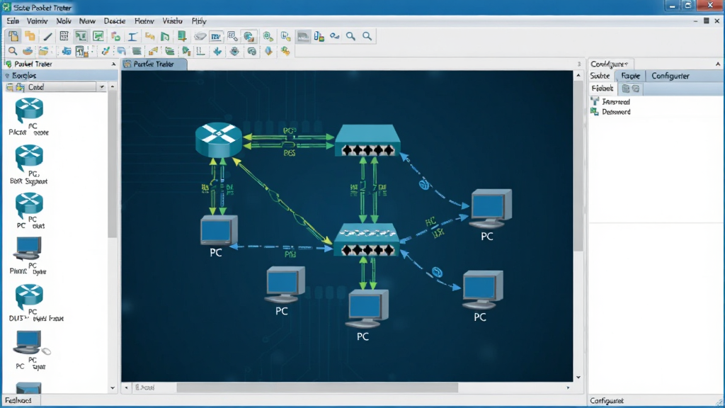 ����ΪCisco Packet Tracer���������ͼ������չʾһ������·��������������PC������������ͼ�����沼������������豸�����Ҳ������������������������ɫ�Ƽ����ϸ�ڸ�����ʾ�˿������������������������ɾ����޶���Ԫ��