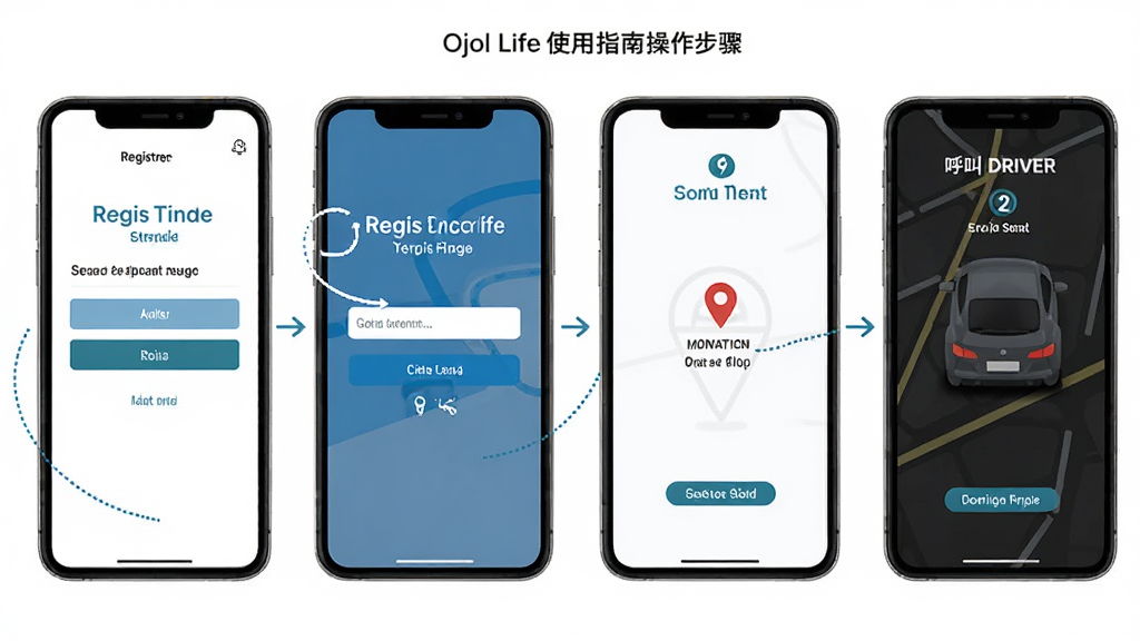 Ojol Lifeʹ��ָ�ϲ�������ͼ��չʾ�ֻ���Ļ�ϵ�ע�ᡢ��¼����λ��Ȩ�ͺ���˾�����̣�����������ע������࣬���ʸ��壬�ɾ��޶���Ԫ��