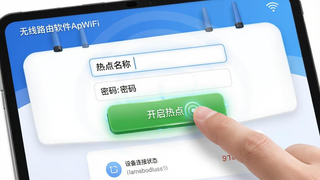 ��������Ϊ������·������ApWiFi���Ŀ����ȵ�������棬һ����ָ������������ȵ㡱��ɫ��ť�������ϣ���������Ϊ�ȵ����ƺ�����������·�Ϊ�豸����״̬�����Ϊ�ִ���Լ��ɫ��������Ϊ����ϸ��ͻ����ť������к͹�Ч�����ʸ��壬�ɾ��޶���Ԫ�ء�