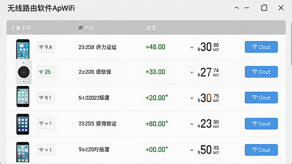 ��������Ϊ������·������ApWiFi�����豸�����б�ҳ�棬չʾ��̨�ֻ���ƽ�������״̬�������ϣ���ͷΪ�豸���ơ�IP��ַ���ٶȵ��У�ÿ�������������У��������߳���ť�����Ϊ���ı�����ʽ������ǳ�ң�ϸ��ǿ���������ݡ������������ɾ��޶���Ԫ�ء�