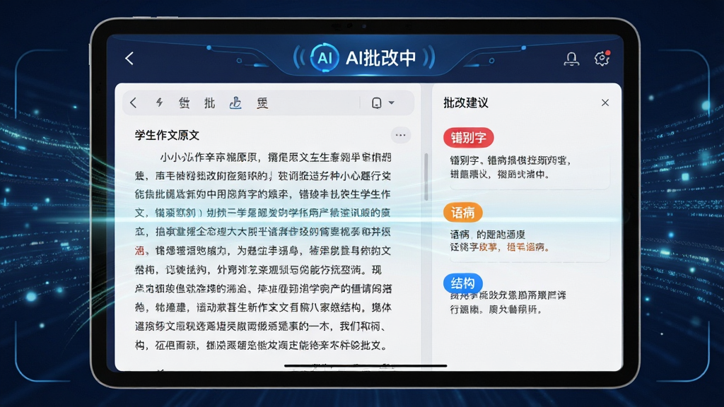 主体:题小小作文批改App的AI批改功能界面,屏幕左侧是学生作文原文,右侧是批改建议列表。布局:平板电脑横屏展示,左右分栏设计,顶部有“AI批改中”动画图标。排版:清晰的分栏,批改建议用彩色标签分类,如“错别字”红色、“语病”橙色、“结构”蓝色。风格:科技感与现代感结合,界面简洁明亮。细节:屏幕上有扫描线特效,背景有数据流动光效。画质:高分辨率,干净清晰,无多余元素。