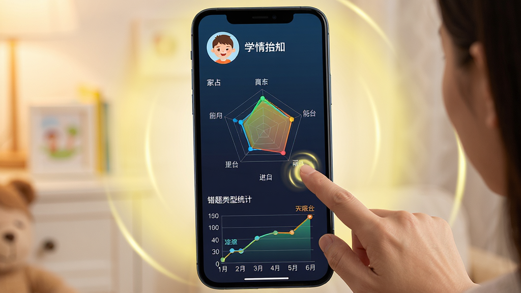 主体:家长手机端查看学情报告界面,显示雷达图和折线图。布局:手机屏幕竖屏,上方是孩子头像和姓名,中间是能力雷达图,下方是进步曲线和错题类型统计。排版:图表清晰,色彩鲜艳,数据标签醒目。风格:家庭温馨风格,背景有淡黄色柔和光晕。细节:图表有动态效果,家长手指点击图表。画质:高清,干净,无多余元素。
