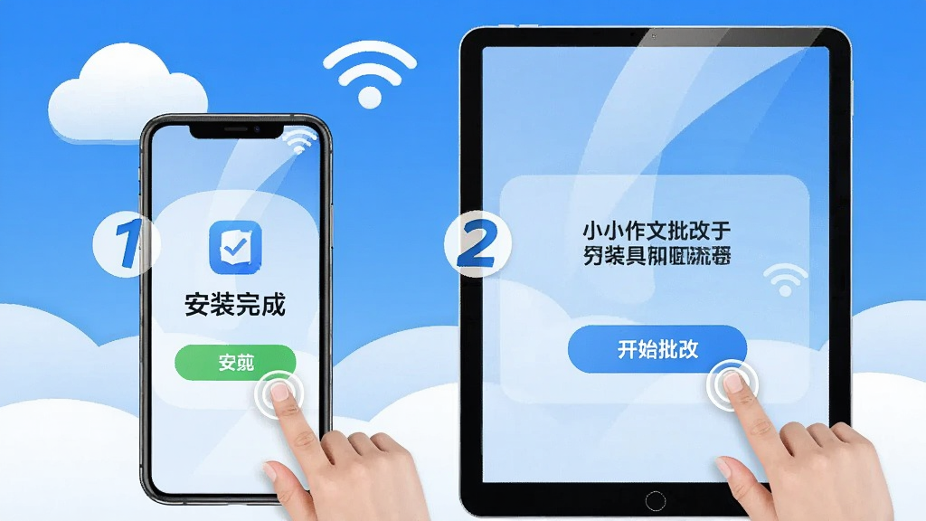 主体:手机和平板电脑并排展示题小小作文批改App的安装和使用流程,屏幕上有“安装完成”和“开始批改”提示。布局:左手机右平板,背景有云朵和WiFi图标。排版:步骤数字标号,从1到3,清晰明了。风格:简约科技风,蓝白主色调。细节:屏幕反光效果,手指点击动画。画质:干净,无多余元素。