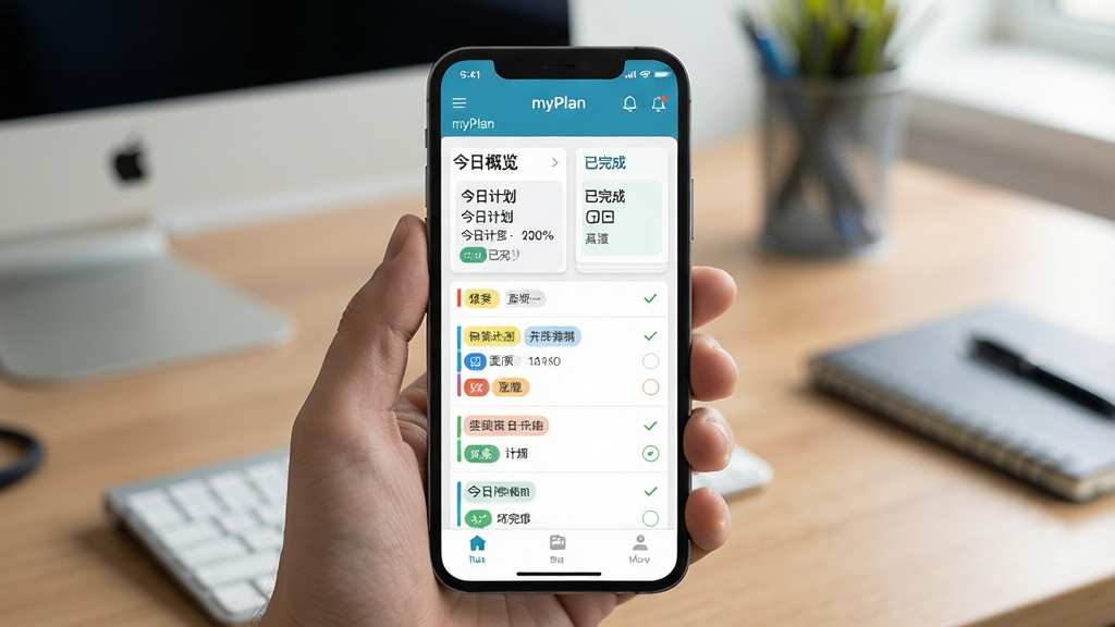 ���壺myPlan�������ֻ��ϵ�ʹ�ó�����չʾ�ƶ��˽��档���֣��ֻ���Ļ��ʾ�����б��ͽ��ո�����Ƭ������Ϊ�칫���������Ű棺�ֻ����У���Ļ���������ɱ棬�����б����в�ɫ��ǩ�����дʵ��񣬹�����Ȼ��ͻ���ƶ��칫��Χ��ϸ�ڣ��ֻ���Ļ���С�myPlan��������������ʾ�����ռƻ����͡�����ɡ�ģ�顣���ʣ����壬�ɾ����޶���Ԫ�ء�