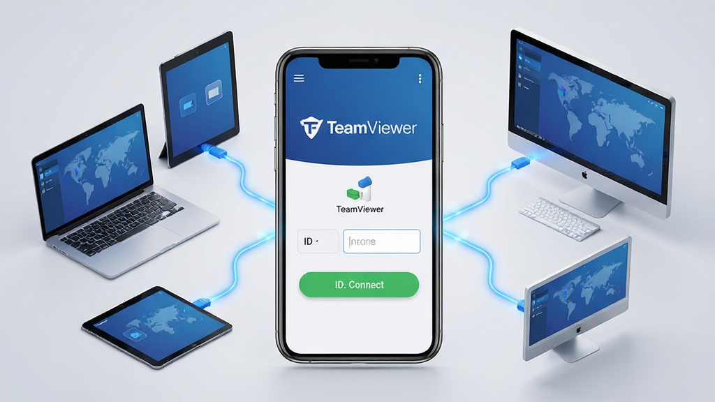 ���壺TeamViewer��������������豸Զ�����ӳ��������֣����������������ֻ���Ļ����Ļ����ʾTeamViewer�����棬���Ӱ�ť��ID����������ɼ����ֻ���Χ�����űʼǱ����ԡ�ƽ����ԡ�̨ʽ�����豸��ͨ������������߻�۵��ֻ���Ļ������Զ�̿��ơ��Ű棺�豸�������£����η������ֻ���Ļ��΢�Ŵ�ͻ��������ִ��Ƽ��У���ɫ��Ϊ��������ɾ���������ӰЧ����͡�ϸ�ڣ���Ļ����ʾ��TeamViewer�����������Ӱ�ťΪ��ɫ���豸ͼ�꾫�£�����Ϊǳ��ɫ���䡣���ʣ�������Ⱦ���ɾ����޶���Ԫ�ء�