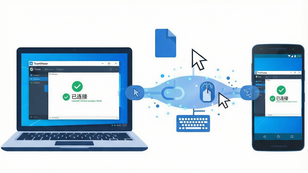 ���壺TeamViewer�����ڶ��豸���л���ʾ��ͼ�����֣������һ̨Windows�ʼǱ����ԣ��Ҳ���һ����׿�ֻ����м�ͨ����͸������ɫ������·���ӣ���·���������ļ������ָ�롢����ͼ�ꡣ�Ű棺���ҶԳƣ��豸��С����Э������·λ�ڻ������롣��񣺱�ƽ���廭�磬ɫ�����죬��ɫ������ϸ�ڣ����Ժ��ֻ���Ļ�Ͼ���ʾTeamViewer���棬���ӳɹ���ʾ�������ӡ�����·���ж�̬����Ч�������ʣ��������ɾ����޶���Ԫ�ء�