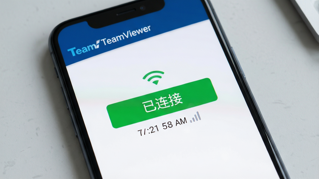 ���壺�ֻ���Ļ��ʾTeamViewer���ӳɹ����档���֣��ֻ����У���Ļ���С������ӡ���ɫ��ʾ����Χ��Wi-Fi���ź�ͼ�ꡣ�Ű棺��࣬�ֻ���Ļռ����70%�����дʵ������Ϊǳ��ɫ���档ϸ�ڣ���Ļ���С�TeamViewer������������ʱ����ʾ���������������ʣ����壬�ɾ����޶���Ԫ�ء�