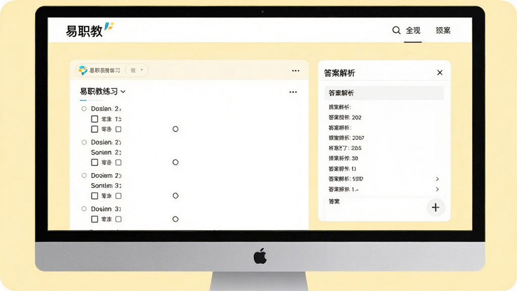 主体为“易职教”题库练习页面,显示选择题界面与答案解析区域,背景为淡黄色,布局干净,风格现代,细节清晰,画质高清,无多余元素