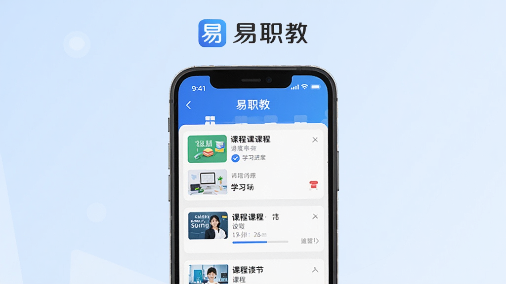 主体为“易职教”手机APP界面展示,屏幕中显示课程列表与学习进度,背景为浅蓝色渐变,整体布局简洁明了,采用扁平化设计风格,画面上方有“易职教”品牌logo,画质清晰干净,无多余元素