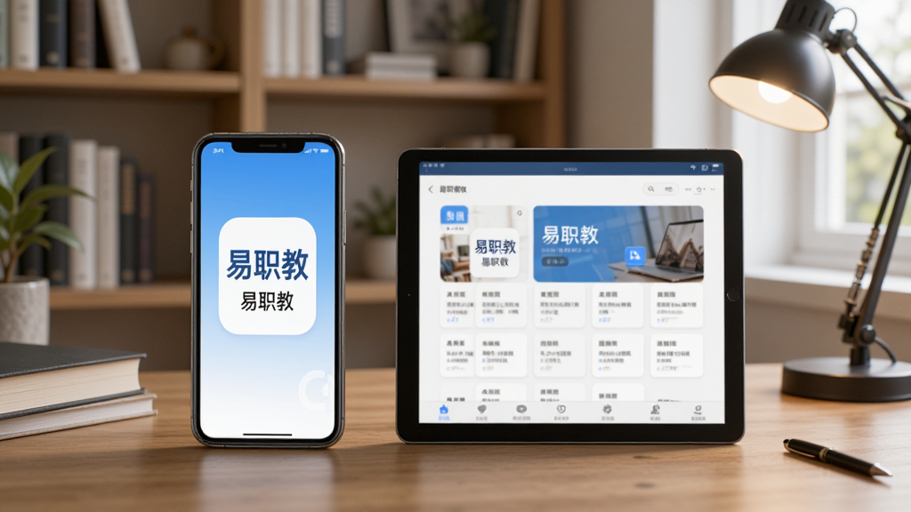 主体为“易职教”APP在手机和平板上同时运行的效果图,背景为书房环境,布局和谐,风格写实,细节丰富,画质清晰,无多余元素