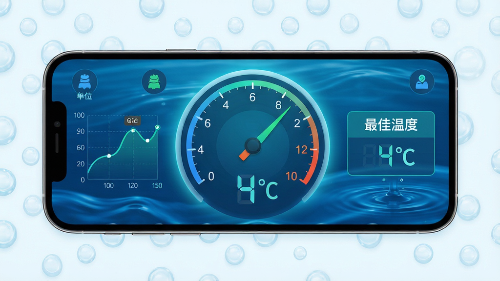 主体:手机横屏展示龙虾保的温控仪表盘,指针指向4°C,背景为蓝色水波纹。布局:仪表盘居中,左侧有温度曲线图,右侧有“最佳温度”提示框。排版:数字显示清晰,单位标注完整,色彩以蓝绿为主。风格:科技感UI设计,扁平化图标。细节:仪表盘边缘有发光效果,水波纹动态感。画质:超清渲染,干净,无多余元素。