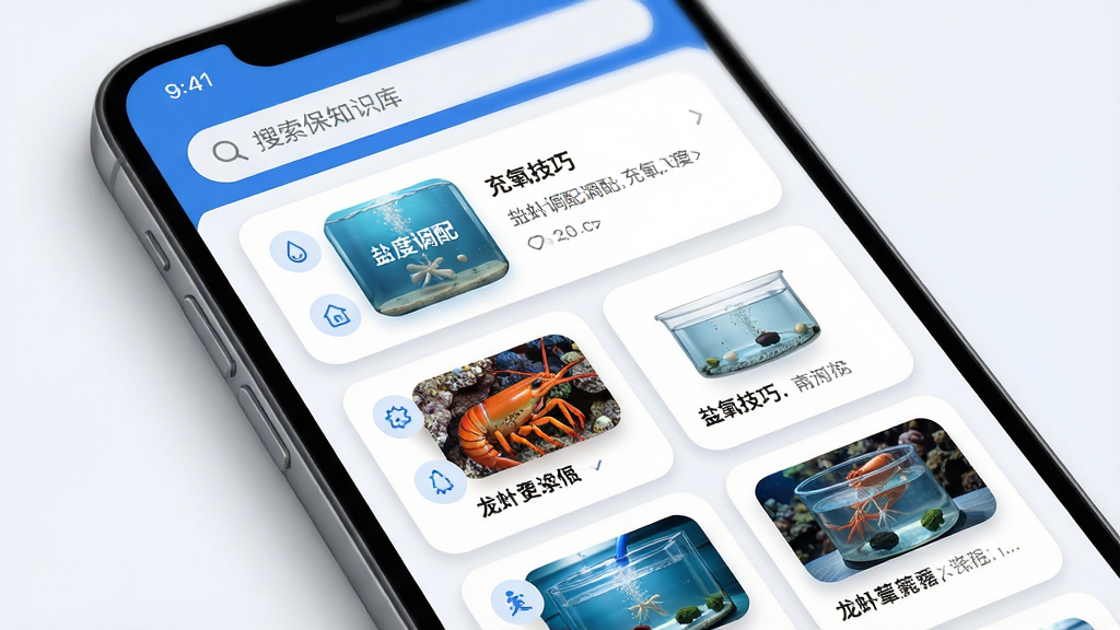 主体:手机屏幕显示龙虾保的知识库页面,列表中有“盐度调配”“充氧技巧”等条目。布局:屏幕上方为搜索栏,下方为卡片式列表,每张卡片配有缩略图。排版:文字清晰,标题加粗,缩略图圆角处理。风格:简洁阅读风格,蓝白配色。细节:卡片阴影柔和,图标精致。画质:高清渲染,干净,无多余元素。