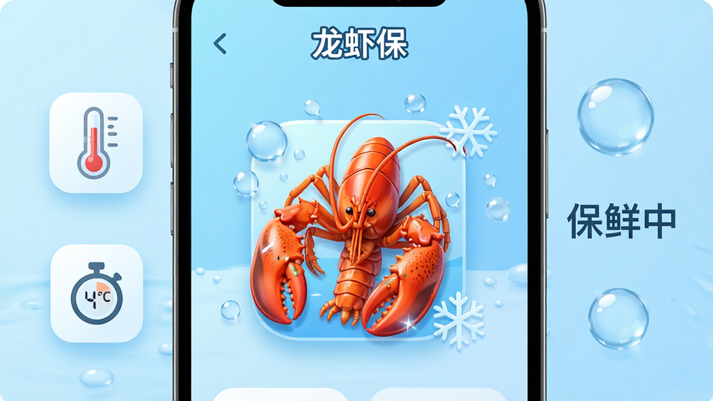 主体:一款名为“龙虾保”的手机应用界面,屏幕中显示一只鲜活的波士顿龙虾图标,周围环绕着水滴和雪花元素。布局:手机位于画面中央,背景为浅蓝色渐变,左侧悬浮温度计和计时器图标,右侧有“保鲜中”字样。排版:界面简洁,功能按钮排列整齐,顶部有“龙虾保”品牌名。风格:现代科技感,色彩清新明快,插画风结合UI设计。细节:龙虾钳子上的纹理清晰可见,水滴反射光泽,温度计显示4°C。画质:高清渲染,干净,无多余元素。