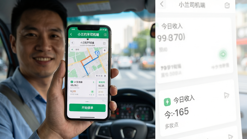 主体:一名面带微笑的网约车司机手持手机,屏幕清晰显示“小兰约车司机端”接单界面,周围是模糊的城市街道背景。布局:手机屏幕作为视觉中心,司机位于画面左侧三分之一处,右侧留白给界面特写。排版:界面上的“开始接单”按钮和“今日收入”数字突出显示。风格:写实摄影风格,光线明亮自然,色彩真实。细节:手机屏幕上的软件UI简洁现代,有清晰的地图路线和订单卡片。画质:4K高清,干净,无多余元素。
