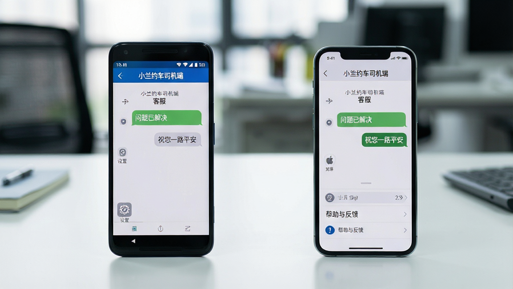主体:一张办公桌,上面放着一部安卓手机和一部苹果手机,两部手机屏幕同时亮着,显示“小兰约车司机端”的客服对话界面。布局:手机并排摆放,桌面整洁,背景是模糊的办公环境。排版:屏幕上的客服回复“问题已解决”和“祝您一路平安”字样清晰可见。风格:写实摄影,浅景深效果。细节:其中一部手机屏幕上有“设置”图标,另一部有“帮助与反馈”菜单。画质:高清晰度,干净,无多余元素。