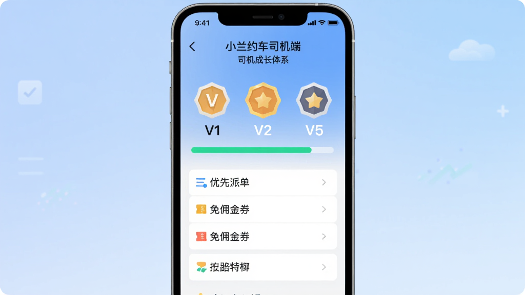 主体:一块展示“小兰约车司机端”司机成长体系的手机界面,显示V1到V5的等级图标和对应特权。布局:手机屏幕居中,背景为柔和的渐变蓝色。排版:等级图标横向排列,下方用列表展示“优先派单”、“免佣金券”等特权文字。风格:扁平化UI设计风格,简洁清晰。细节:当前等级高亮显示,进度条接近满格。画质:干净,无多余元素。