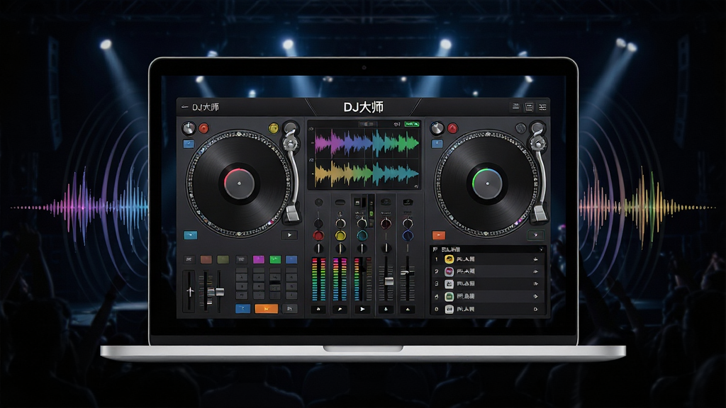 ��������Ϊһ̨�ʼǱ�������Ļ����Ļ����ʾ��DJ��ʦ���������棬��������˫����ת�̡�����ͼ�����̨�����ֲ��öԳ�ʽ��ƣ�����Ϊ��ɫ��̨�ƹ��Χ�����ֽ��Ŀ��ӻ�����Χ�����ܣ��Ű�ɾ����࣬����ִ��Ƽ��У�ϸ�ڰ�����ɫ�����������벥���б������ʸ��壬�ɾ��޶���Ԫ��