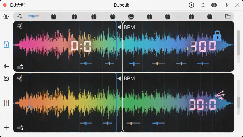 ��������Ϊ��DJ��ʦ������������������ɫ����ͼ�������Զ����룬����Ϊ���¶Աȣ����ֽ����ߺ͸���BPM������ʾ���Ű������������������ϸ����ͬ����ͼ��Ͳ�����λ����ʾ�����ʸߣ��ɾ��޶���Ԫ��
