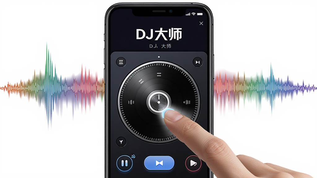 ��������Ϊ�ֻ���Ļ��ʾ��DJ��ʦ���ƶ�����棬��ָ��ת���ϻ���������Ϊ��ɫ���������־��У����ʱ�У�ϸ���д��ص���Ч����ť�������������ɾ��޶���Ԫ��