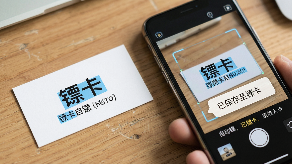 主体:一张拍摄名片的过程特写,手机相机对准一张印有“镖卡”字样的名片,屏幕上显示识别框和自动提取的文字信息。布局:俯视角度,手机位于画面右侧,名片位于左侧,背景为木质办公桌面。排版:手机屏幕上显示识别出的文字被蓝色高亮标注,并弹出“已保存至镖卡”的提示气泡。风格:写实摄影风格,光线明亮柔和,细节清晰。画质:高清画质,焦点锐利,背景虚化得当,干净无多余元素。