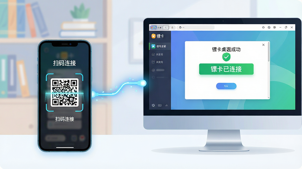 主体:手机与电脑并排摆放,手机屏幕上显示镖卡App的二维码扫描界面,电脑显示器上显示镖卡桌面端的配对成功界面。布局:左手机右电脑,中间用一条发光的连接线示意数据同步,背景为简洁的书房环境。排版:画面干净,突出“扫码连接”的视觉焦点,电脑屏幕上有“镖卡已连接”的绿色字样。风格:科技感插画风格,线条流畅,色彩和谐。画质:高清,明亮通透,无多余元素。