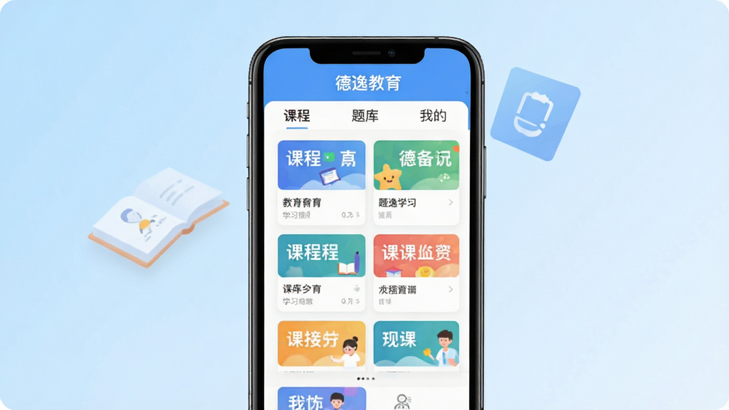 主体:德逸教育APP的界面展示,手机屏幕显示课程列表与学习进度;布局:手机居中,背景为浅蓝色渐变,屏幕内容清晰可见;排版:界面简洁,课程卡片整齐排列;风格:现代扁平化,色彩明快;细节:屏幕上有“课程”、“题库”、“我的”等标签,顶部有“德逸教育”字样;画质:高清,干净,无多余元素