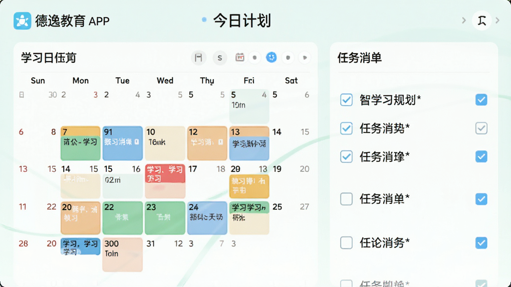 主体:德逸教育APP的智能学习规划页面;布局:左侧为学习日历,右侧为任务清单;排版:日历上标注不同颜色的学习任务;风格:清新简约;细节:页面顶部有“今日计划”字样,任务项前有勾选框;画质:高清,干净,无多余元素