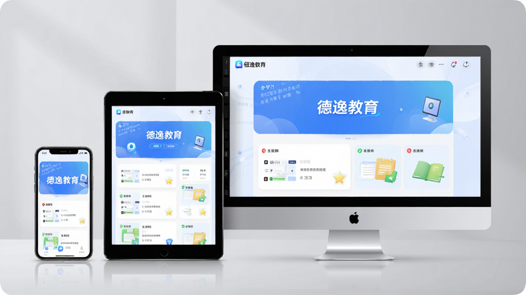 主体:德逸教育APP的多端同步界面;布局:手机、平板、电脑三台设备并排,屏幕显示相同的学习界面;排版:设备大小比例协调;风格:科技感;细节:设备屏幕上有“德逸教育”界面,背景为柔和的灰色;画质:高清,干净,无多余元素