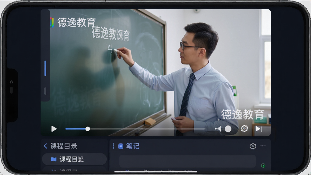 主体:德逸教育APP的名师课程播放界面;布局:视频居中,下方为课程目录和笔记区;排版:视频画面清晰,目录可滚动;风格:专业教育风格;细节:视频内老师正在板书,画面有“德逸教育”水印;画质:高清,干净,无多余元素