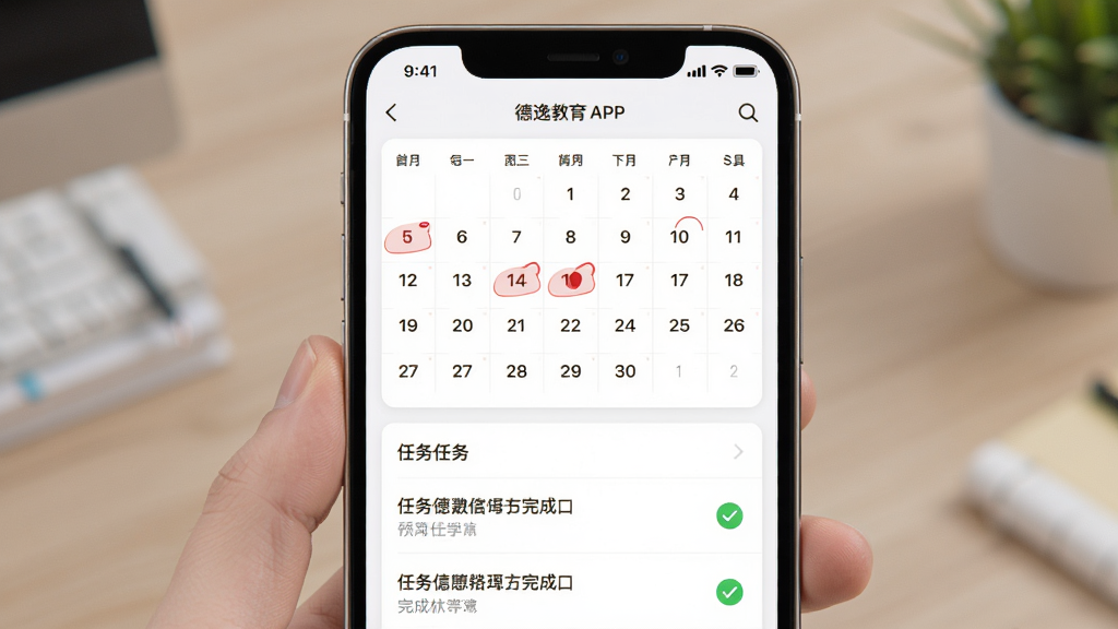 主体:德逸教育APP的学习工具界面;布局:手机屏幕显示学习日历和任务列表;排版:日历在顶部,任务列表在下方;风格:简洁实用;细节:日历上有红色标记,任务列表有完成状态;画质:高清,干净,无多余元素