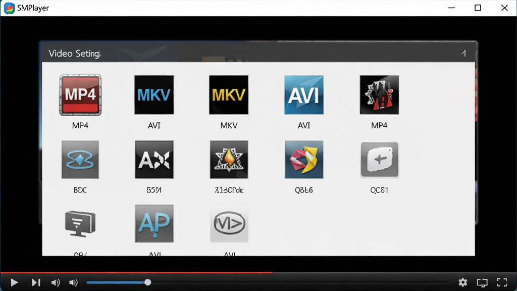 SMPlayer���Ÿ�����Ƶ��ͼ����������ʾ��Ƶ���ò˵�������������Ƶ��ʽͼ�꣬��MP4��MKV��AVI�ȣ�����Ϊ���������棬����࣬�����������ɾ��޶���Ԫ��